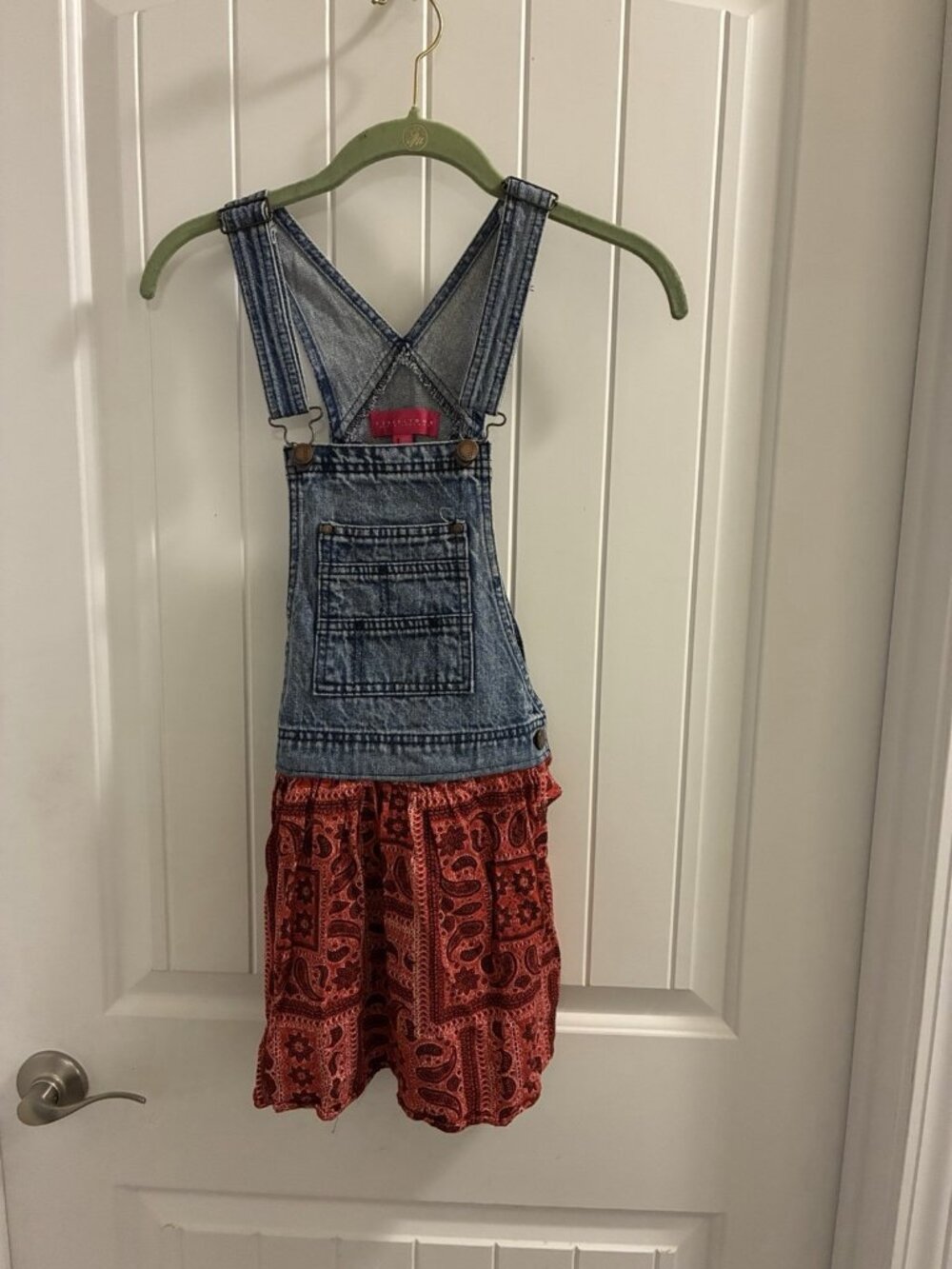 Tinseltown Denim And Paisley Print Overall Dress Bib Pocket and  Adj. Straps XS